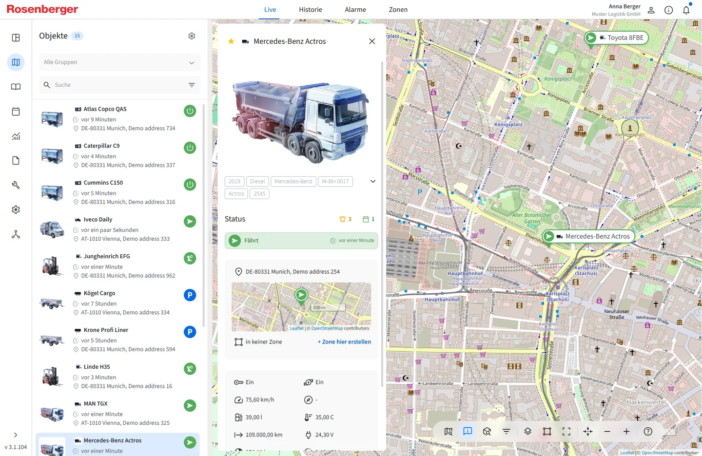 Commander telematics platform, live vehicle detail view showing a tracked truck's telemetry, status, and position on the map