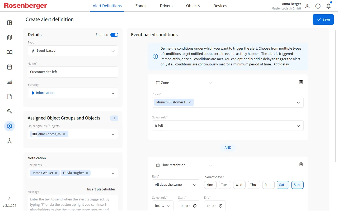 Commander alert manager, a zone-based alert definition that triggers when an asset leaves a customer site