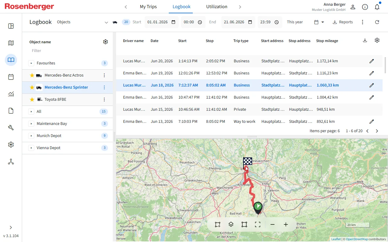 Commander digital logbook table with a trip route drawn on the map