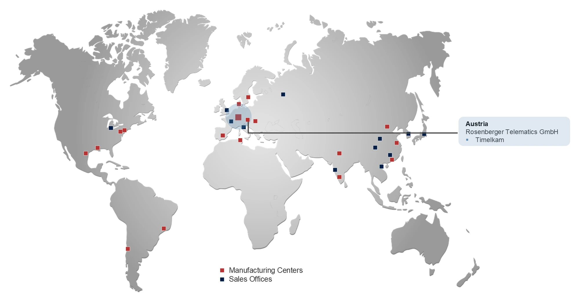 World map of the Rosenberger Group showing manufacturing centers, sales offices and the Rosenberger Telematics headquarters in Timelkam, Austria